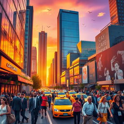 A vivid cityscape at sunset, showcasing a bustling urban environment