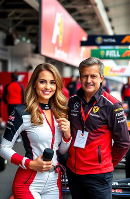 A glamorous Formula 1 PR girl, dressed in a stylish team outfit, standing confidently next to the director of the racing team
