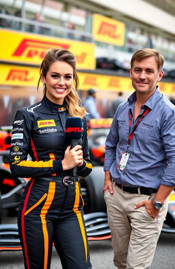 A glamorous Formula 1 PR girl, dressed in a stylish team outfit, standing confidently next to the director of the racing team