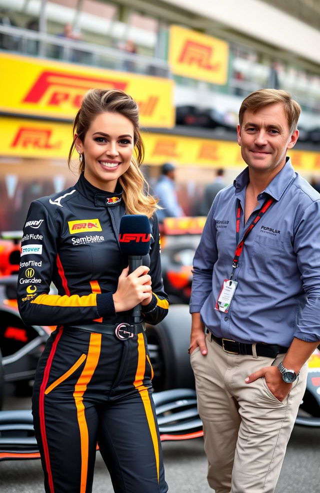 A glamorous Formula 1 PR girl, dressed in a stylish team outfit, standing confidently next to the director of the racing team