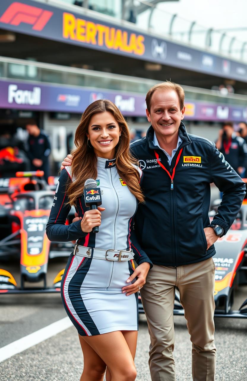 A glamorous Formula 1 PR girl, dressed in a stylish team outfit, standing confidently next to the director of the racing team