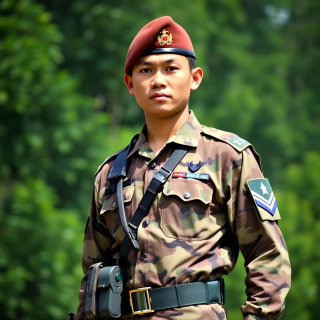A soldier in full Indonesian National Armed Forces (TNI) uniform, featuring a camouflage pattern typical of TNI attire