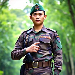 A soldier in full Indonesian National Armed Forces (TNI) uniform, featuring a camouflage pattern typical of TNI attire