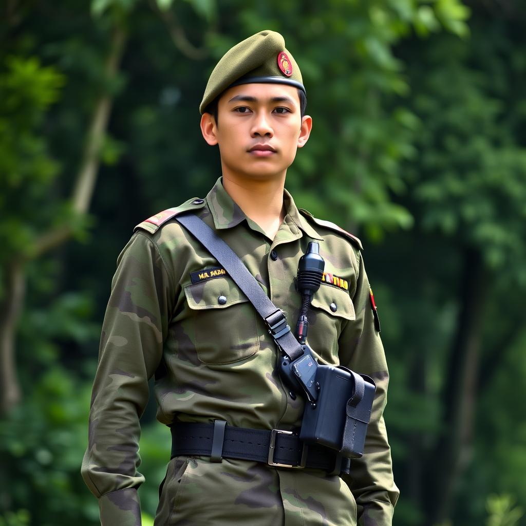 A soldier in full Indonesian National Armed Forces (TNI) uniform, featuring a camouflage pattern typical of TNI attire