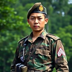 A soldier in full Indonesian National Armed Forces (TNI) uniform, featuring a camouflage pattern typical of TNI attire