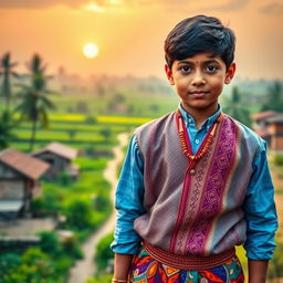 A traditional Indian boy wearing a vesti, a type of dhoti, showcasing intricate patterns and vibrant colors