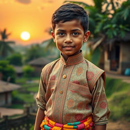 A traditional Indian boy wearing a vesti, a type of dhoti, showcasing intricate patterns and vibrant colors