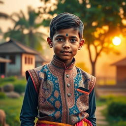 A traditional Indian boy wearing a vesti, a type of dhoti, showcasing intricate patterns and vibrant colors