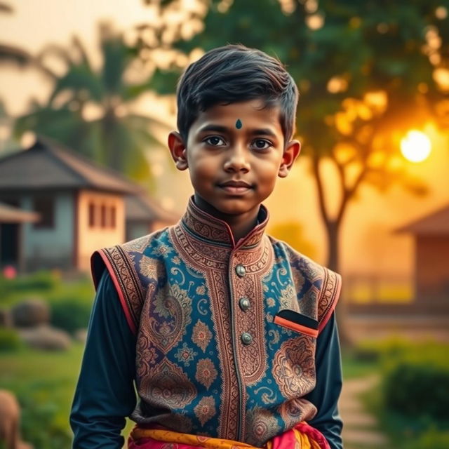 A traditional Indian boy wearing a vesti, a type of dhoti, showcasing intricate patterns and vibrant colors