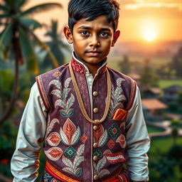 A traditional Indian boy wearing a vesti, a type of dhoti, showcasing intricate patterns and vibrant colors