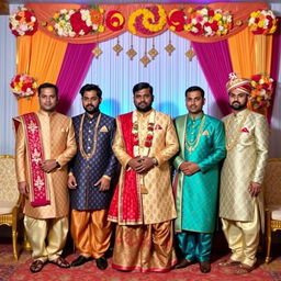 A collection of full-body images featuring Indian men dressed in traditional wedding vestis, showcasing a variety of styles and intricate designs