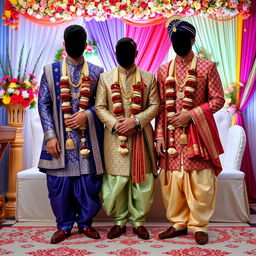 A collection of full-body images featuring Indian men dressed in traditional wedding vestis, showcasing a variety of styles and intricate designs