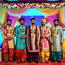 A collection of full-body images featuring Indian men dressed in traditional wedding vestis, showcasing a variety of styles and intricate designs