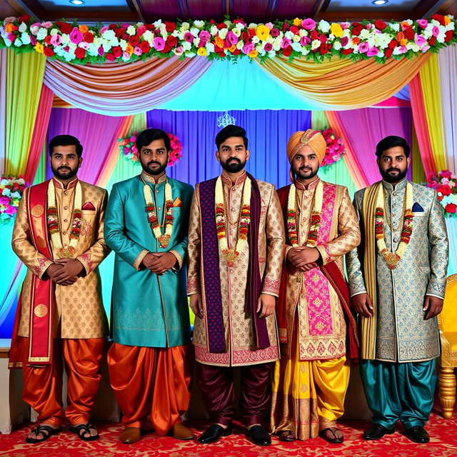 A collection of full-body images featuring Indian men dressed in traditional wedding vestis, showcasing a variety of styles and intricate designs