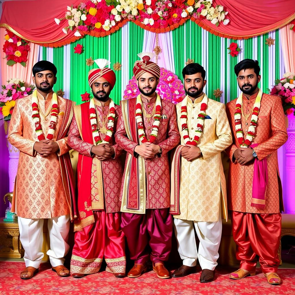 A collection of full-body images featuring Indian men dressed in traditional wedding vestis, showcasing a variety of styles and intricate designs