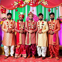 A collection of full-body images featuring Indian men dressed in traditional wedding vestis, showcasing a variety of styles and intricate designs