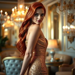 A strikingly beautiful woman with long flowing red hair and captivating green eyes, wearing a shimmering gold evening gown that hugs her curves in all the right places