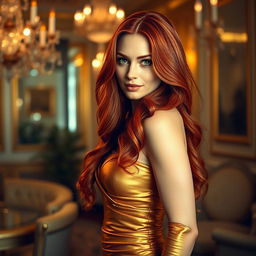 A strikingly beautiful woman with long flowing red hair and captivating green eyes, wearing a shimmering gold evening gown that hugs her curves in all the right places