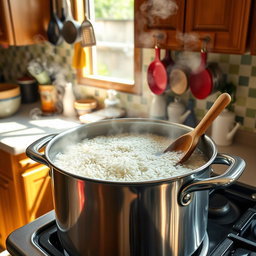 A vibrant kitchen scene showing rice hulls being boiled in a large pot on a stove