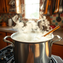 A vibrant kitchen scene showing rice hulls being boiled in a large pot on a stove