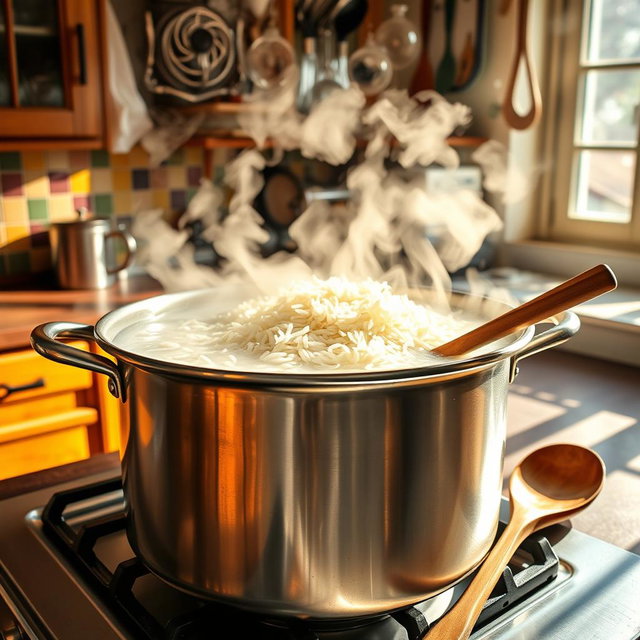 A vibrant kitchen scene showing rice hulls being boiled in a large pot on a stove