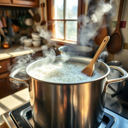 A vibrant kitchen scene showing rice hulls being boiled in a large pot on a stove