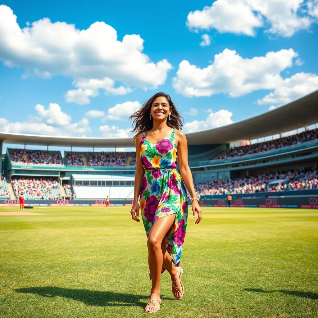 A vibrant scene featuring a stunning woman wearing a colorful, stylish summer dress, joyfully standing on a well-maintained cricket ground