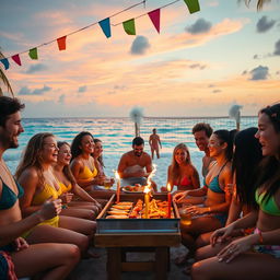 A vibrant and energetic party scene at a tropical beach during sunset