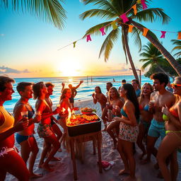 A vibrant and energetic party scene at a tropical beach during sunset