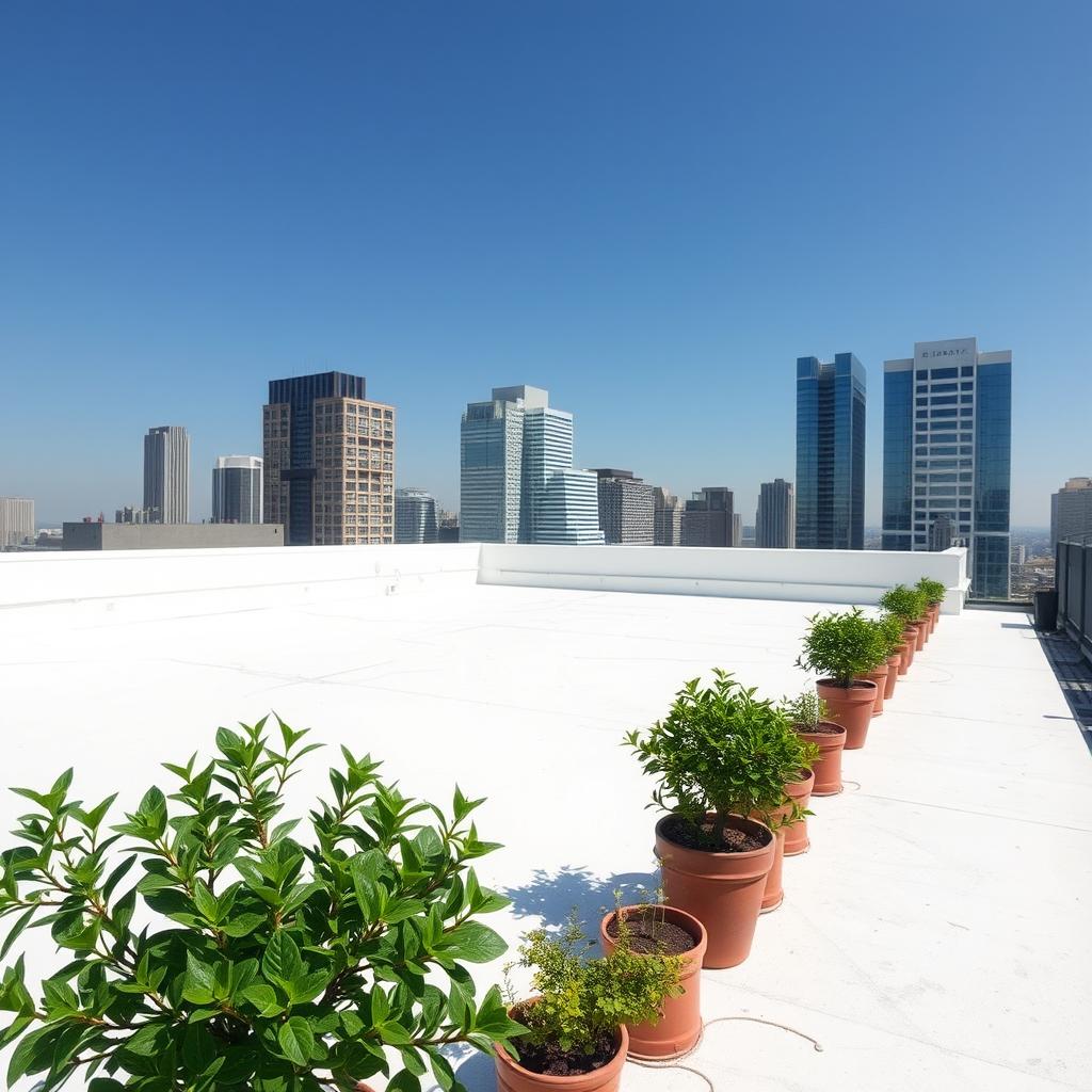 A stunning rooftop view of a modern city, showcasing a flat cement roof painted in bright white, surrounded by leafy green plants in pots and a clear blue sky