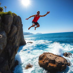 A dramatic scene capturing a man leaping off a rugged cliff into a beautiful, blue ocean below