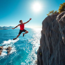 A dramatic scene capturing a man leaping off a rugged cliff into a beautiful, blue ocean below