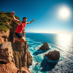 A dramatic scene capturing a man leaping off a rugged cliff into a beautiful, blue ocean below