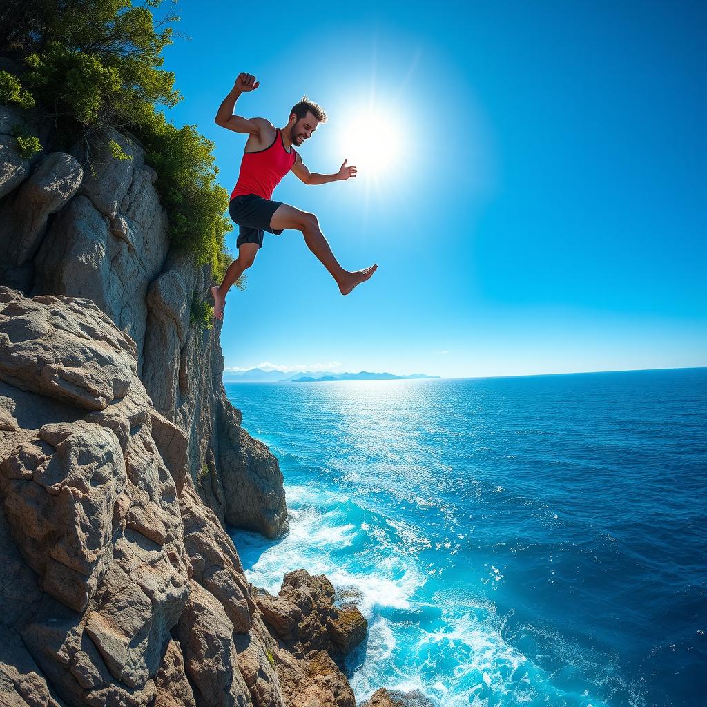 A dramatic scene capturing a man leaping off a rugged cliff into a beautiful, blue ocean below