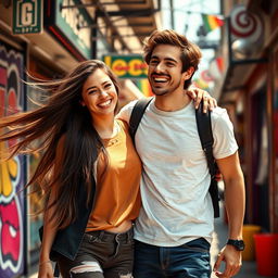 A dynamic and engaging scene featuring a happy and adventurous young man with a beautiful girl