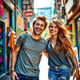A dynamic and engaging scene featuring a happy and adventurous young man with a beautiful girl