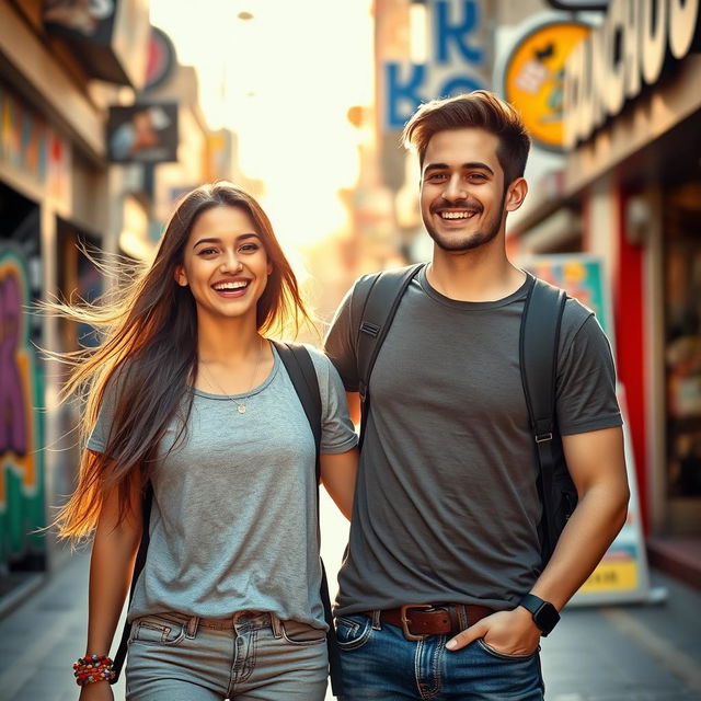A dynamic and engaging scene featuring a happy and adventurous young man with a beautiful girl
