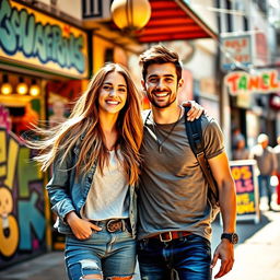 A dynamic and engaging scene featuring a happy and adventurous young man with a beautiful girl