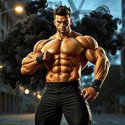 A dynamic and powerful figure standing confidently, with a muscular physique and intense expression