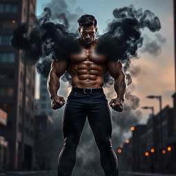 A dynamic and powerful figure standing confidently, with a muscular physique and intense expression