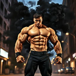 A dynamic and powerful figure standing confidently, with a muscular physique and intense expression