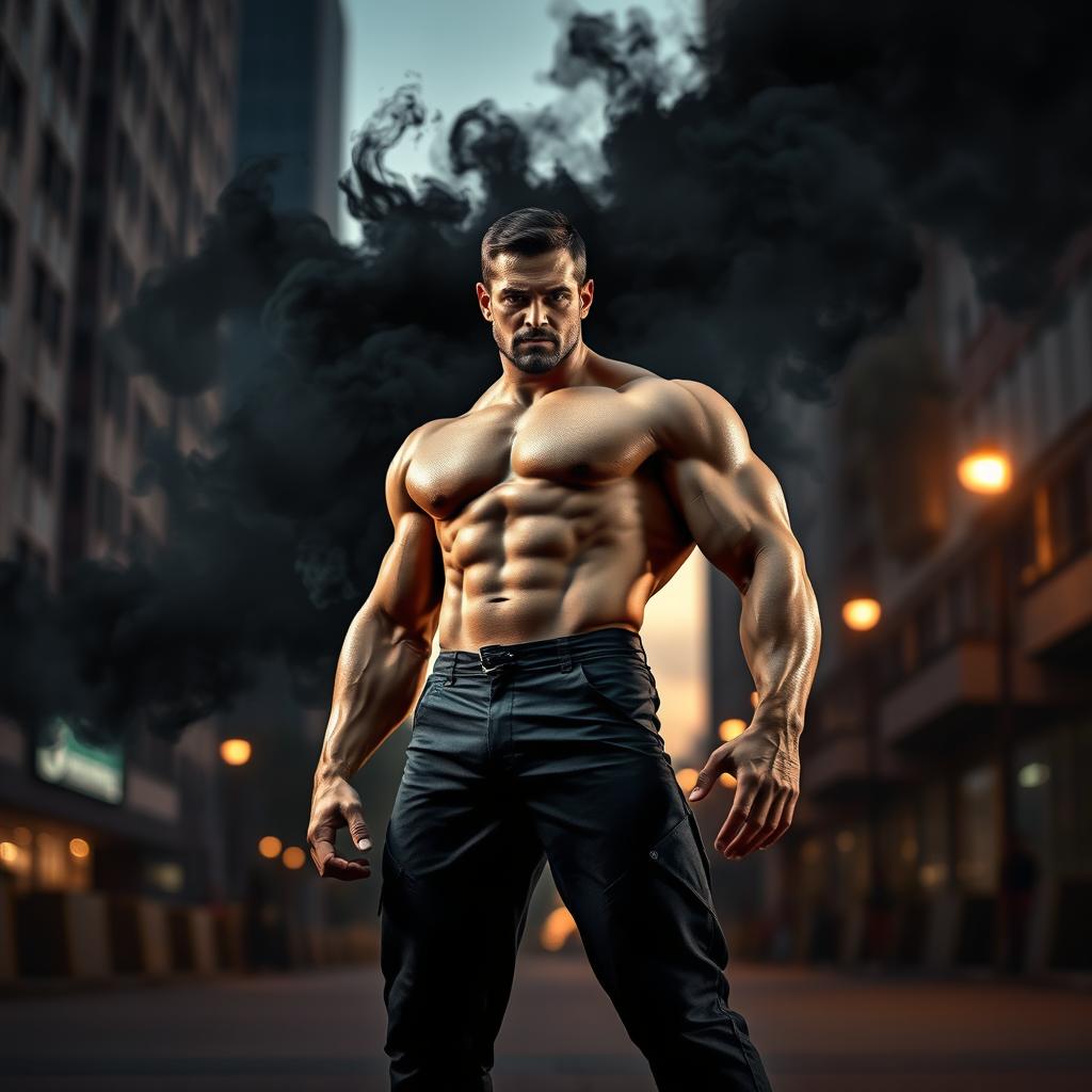 A dynamic and powerful figure standing confidently, with a muscular physique and intense expression