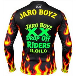 A stylish motor jersey featuring dynamic, bold flames that wrap around the sides, creating an energetic and eye-catching design