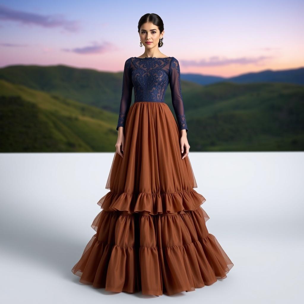 A beautiful evening gown inspired by the traditional costumes of Gilan and Qasemabad, featuring a modern twist