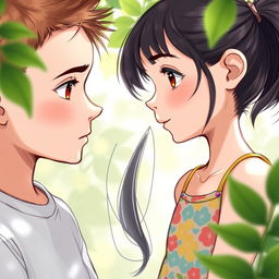 A realistic drawing of a boy and a girl gazing into each other's eyes, illustrating a moment of connection and curiosity