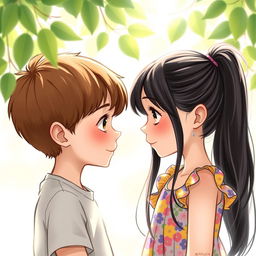 A realistic drawing of a boy and a girl gazing into each other's eyes, illustrating a moment of connection and curiosity