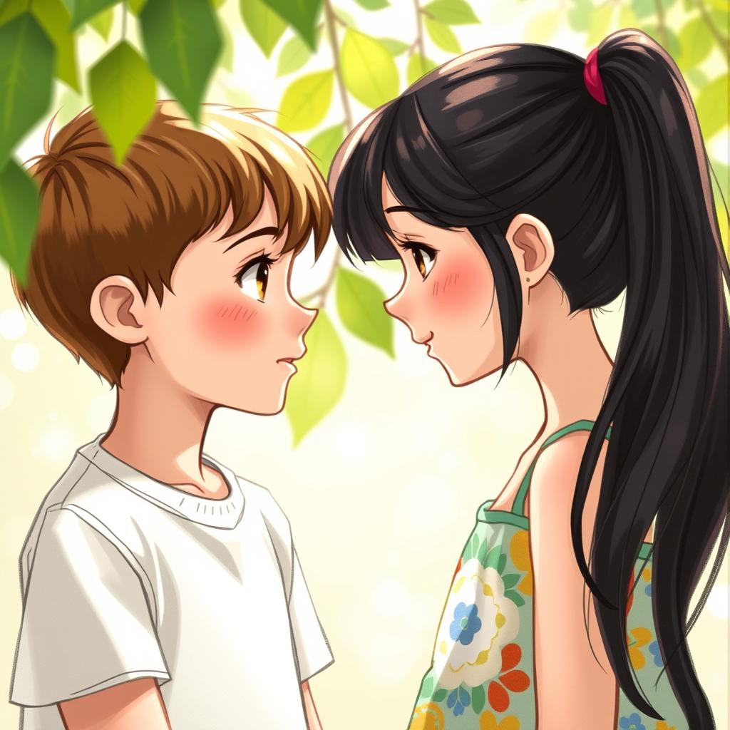 A realistic drawing of a boy and a girl gazing into each other's eyes, illustrating a moment of connection and curiosity