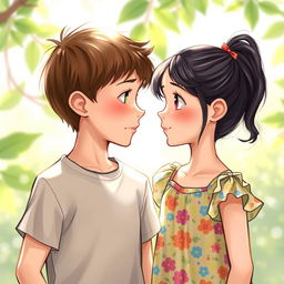 A realistic drawing of a boy and a girl gazing into each other's eyes, illustrating a moment of connection and curiosity