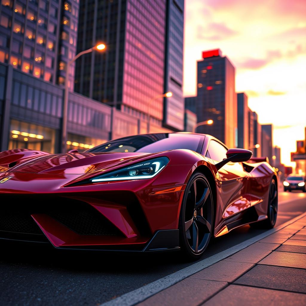 A powerful and sleek sports car parked on a vibrant city street at dusk, showcasing its glossy, deep red paint and aerodynamic design