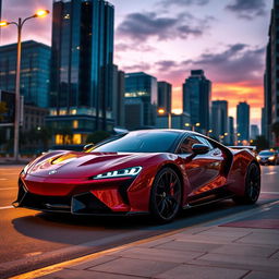 A powerful and sleek sports car parked on a vibrant city street at dusk, showcasing its glossy, deep red paint and aerodynamic design